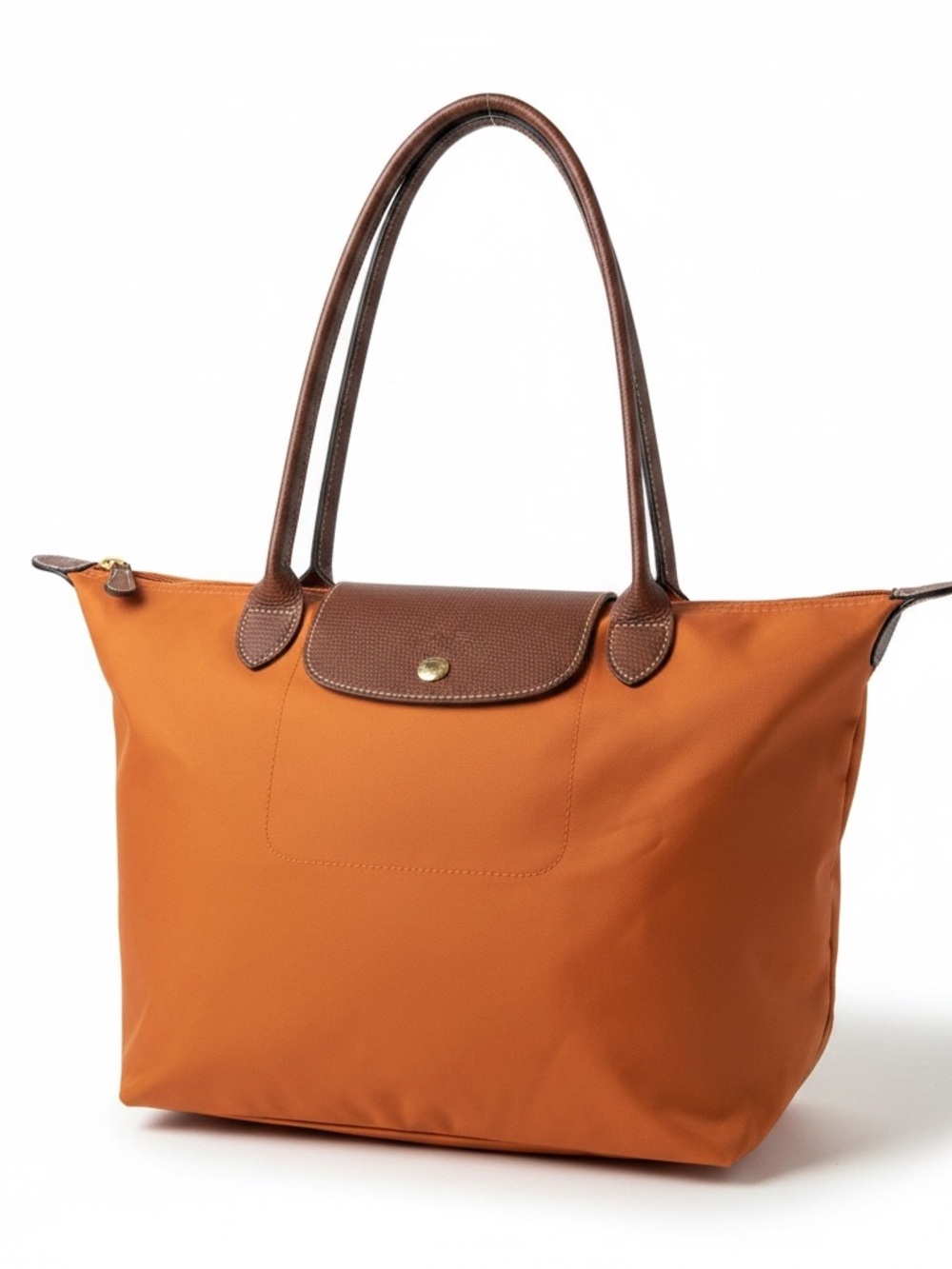 Longchamp  Le Pliage Orange Nylon Tote with Brown Leather Trim